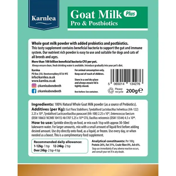 Karnlea Goat Milk Plus Powder Pro and Postbiotics for Dogs & Cats 200g - Image 2